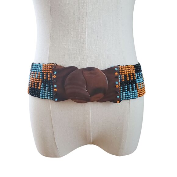 28-30" Beaded Elastic Stretch Belt Wood Clasp Buckle Southwestern Turquoise Boho - Picture 1 of 9